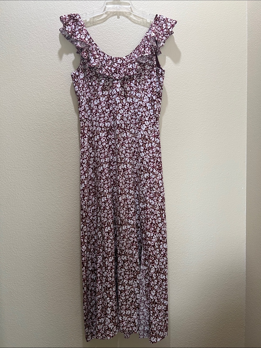 Madewell Burgundy and White Floral Ruffle Dress